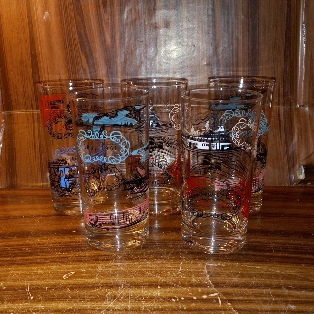 Vintage 1961 transportation glasses set of 5